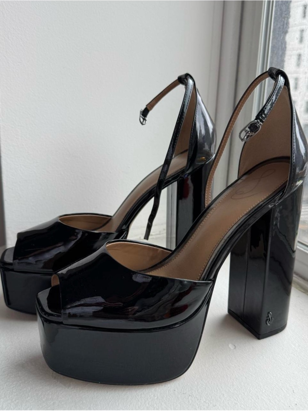 Sam Edelman Black Patent Platform Peep-Toe Block Heels